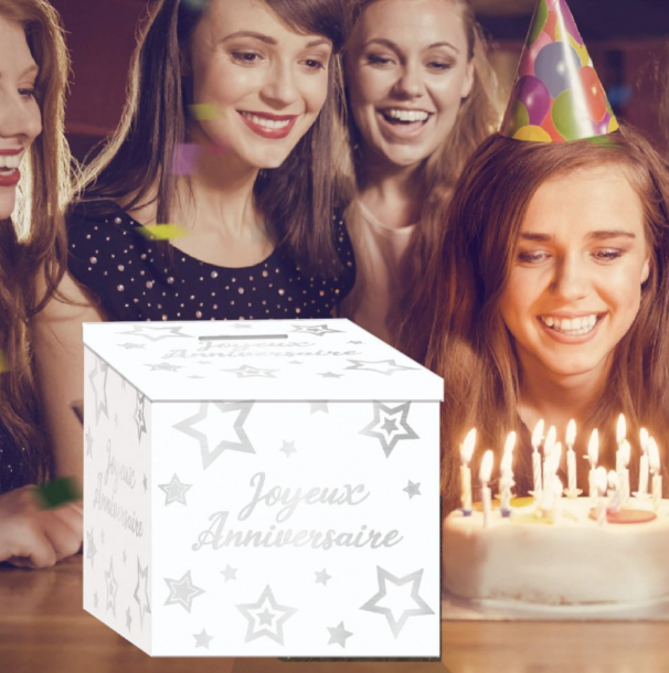 Urne en carton joyeux anniversaire blanc et argenté