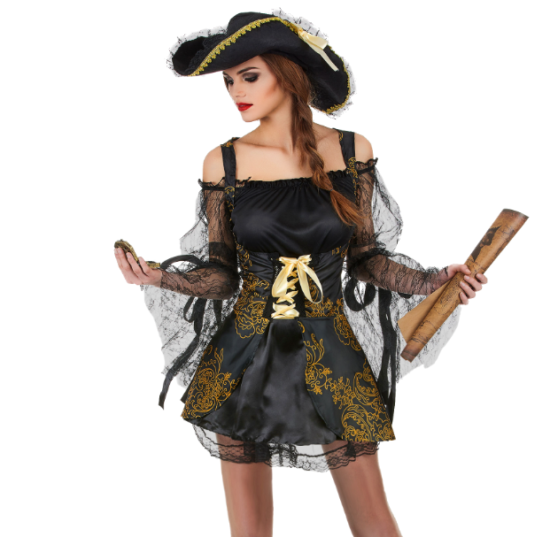 Déguisement pirate noir et doré femme