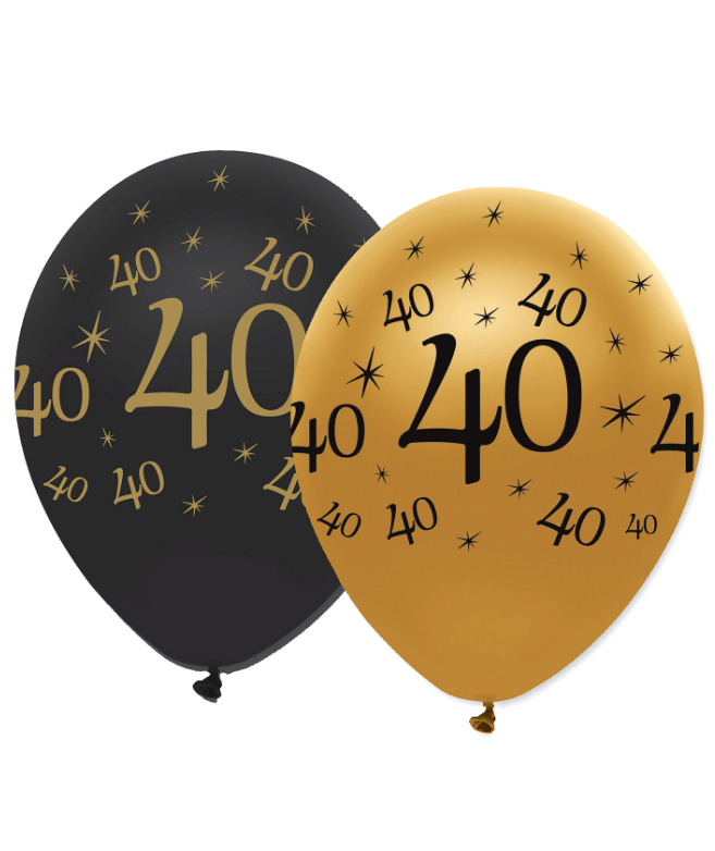 Ballons en latex 40 ans noirs et dorés 30 cm