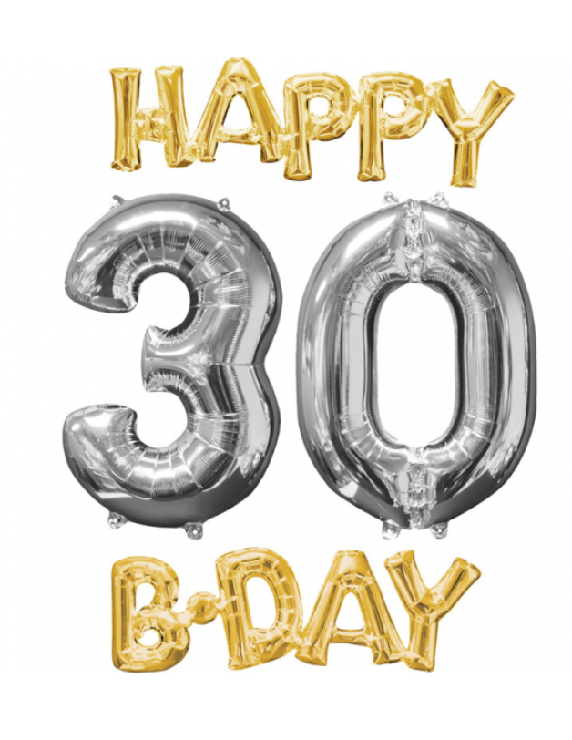 Ballons aluminium Happy Bday 30 or et argent