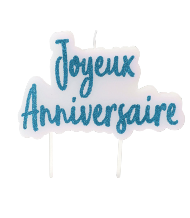 Bougie sur pique joyeux anniversaire turquoise pailletée 8 x 5 cm