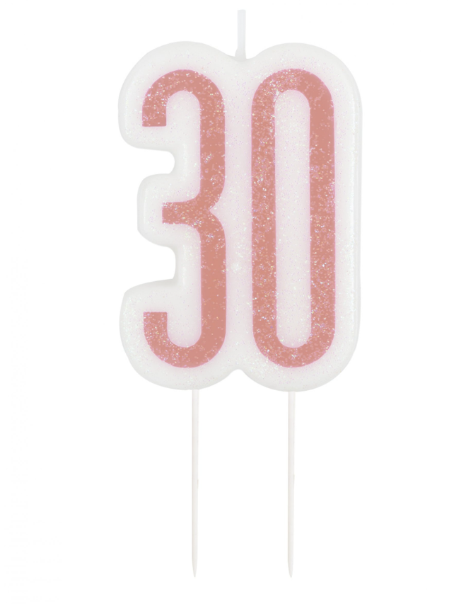 Bougie d'anniversaire sur pic 30 ans rose pailleté 7 cm