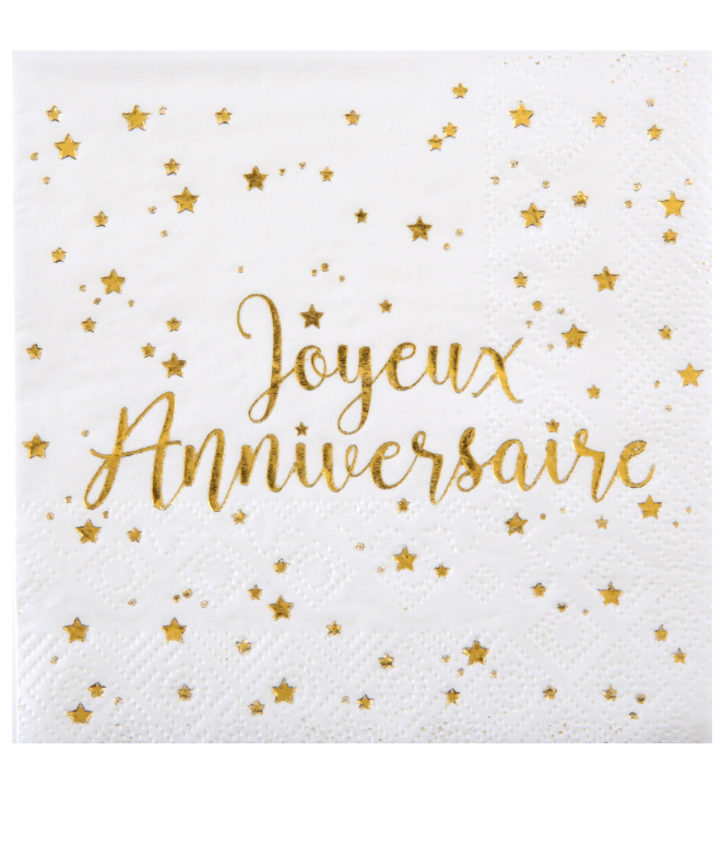 Petites serviettes en papier Joyeux Anniversaire métallisé blanc et doré 25 x 25 cm