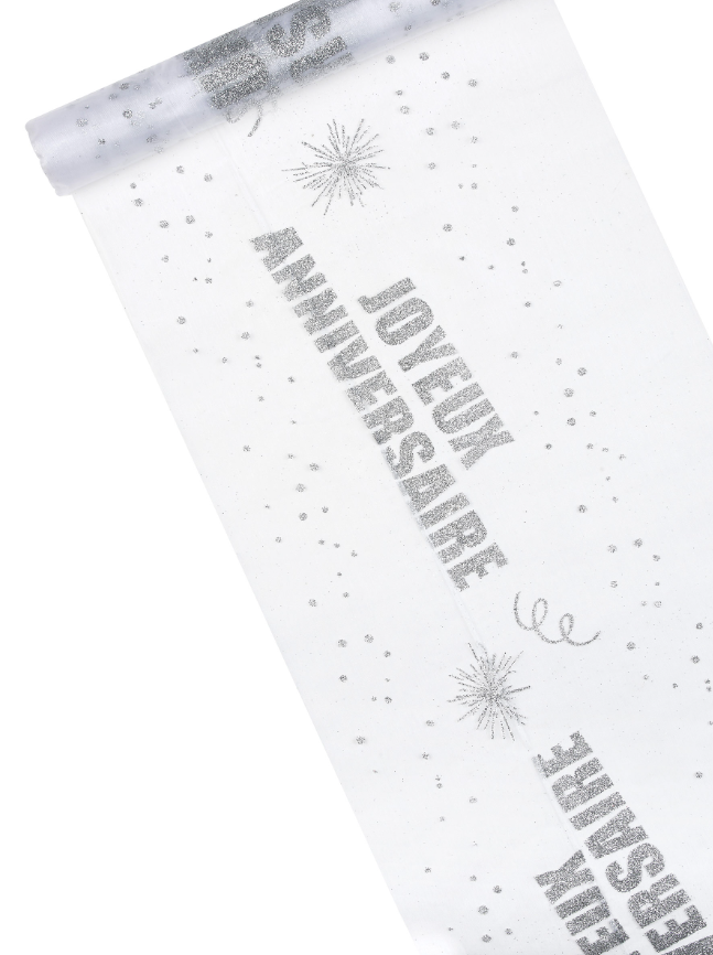 Chemin de table organza Joyeux Anniversaire argent 29 cm x 5 m