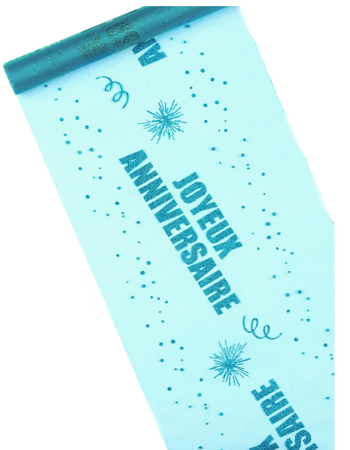Chemin de table organza Joyeux Anniversaire turquoise 29 cm x 5 m