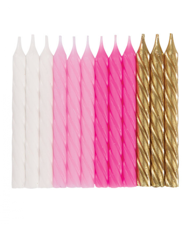 Bougies d'anniversaire spirales roses, blanches et dorées 7 cm par 24