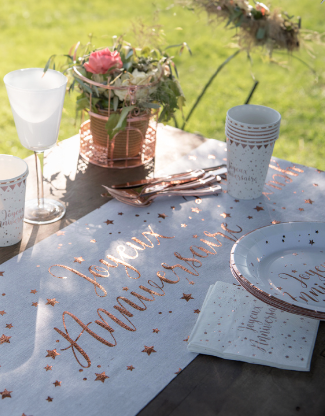 Chemin de table coton anniversaire rose gold 3m x 28 cm