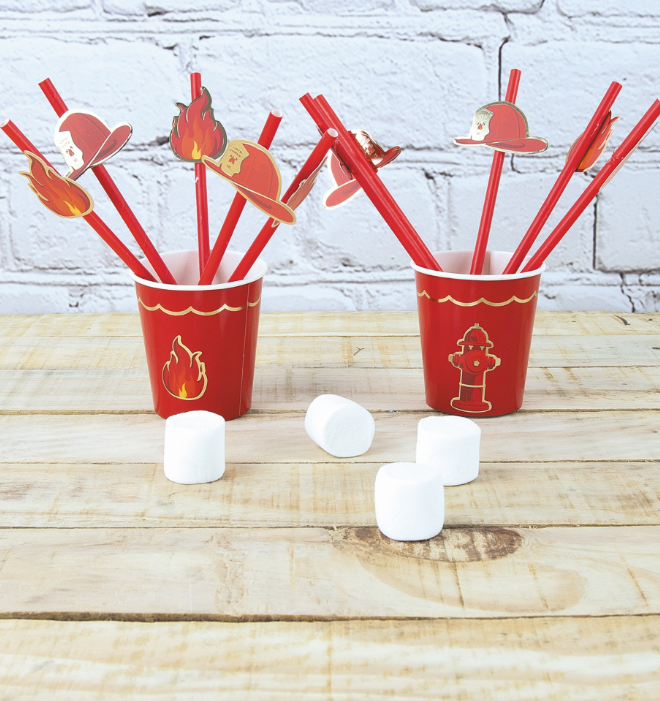 Pailles en carton Pompier rouges 20 cm