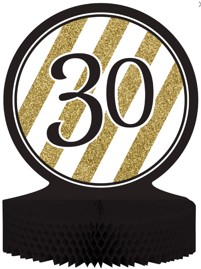 Centre de table en papier alvéolé 30 ans noir et doré 23 x 30 cm
