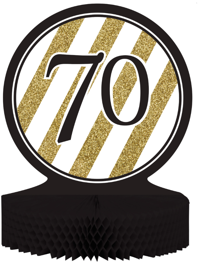 Centre de table en papier alvéolé 70 ans noir et doré 23 x 30 cm