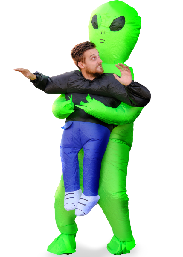 Déguisement gonflable porté par un alien adulte