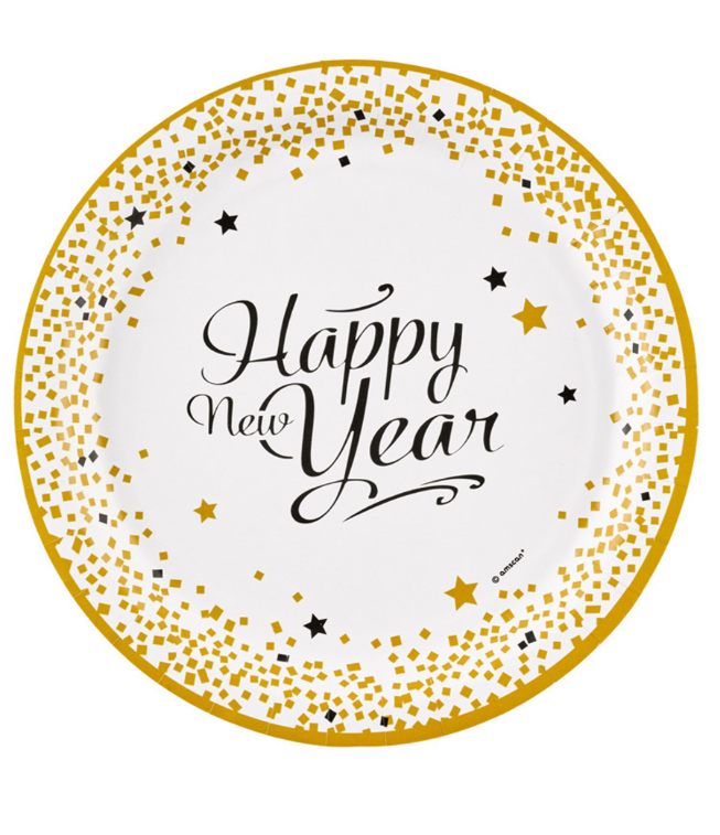 Assiettes en carton happy new year doré 23 cm
