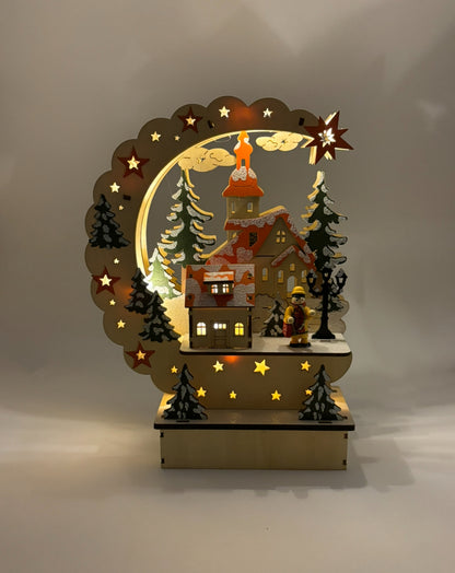 Scène d’hiver avec éclairage en bois à LED (L/H/P) 22x30x8 cm