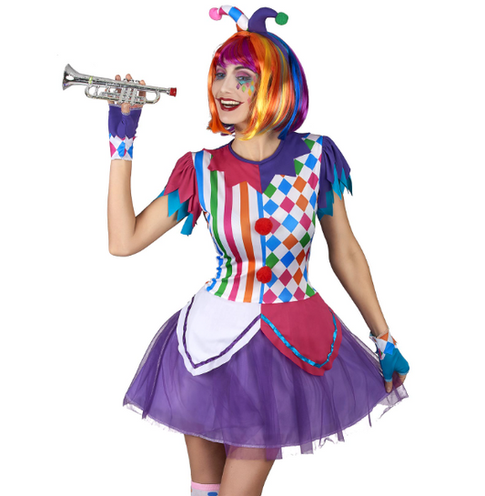 Déguisement arlequin pompons colorés femme