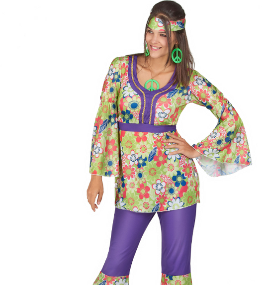 Déguisement hippie fleuri et violet femme