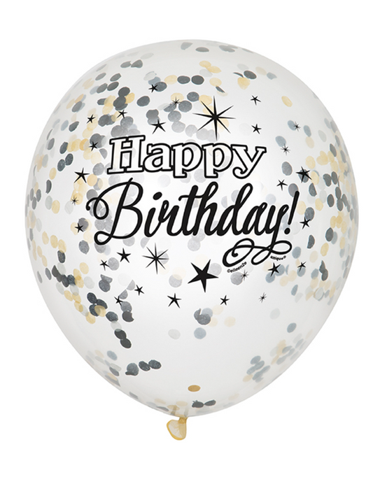 Ballons en latex confettis Happy Birthday argent et or 30 cm