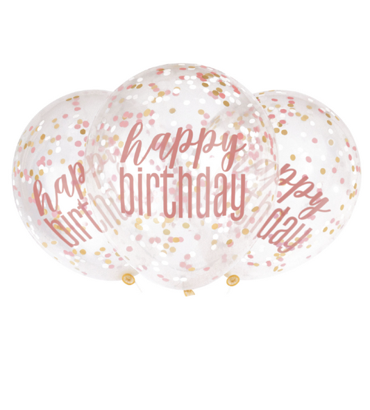 Ballons en latex transparents happy birthday à confettis roses 30 cm