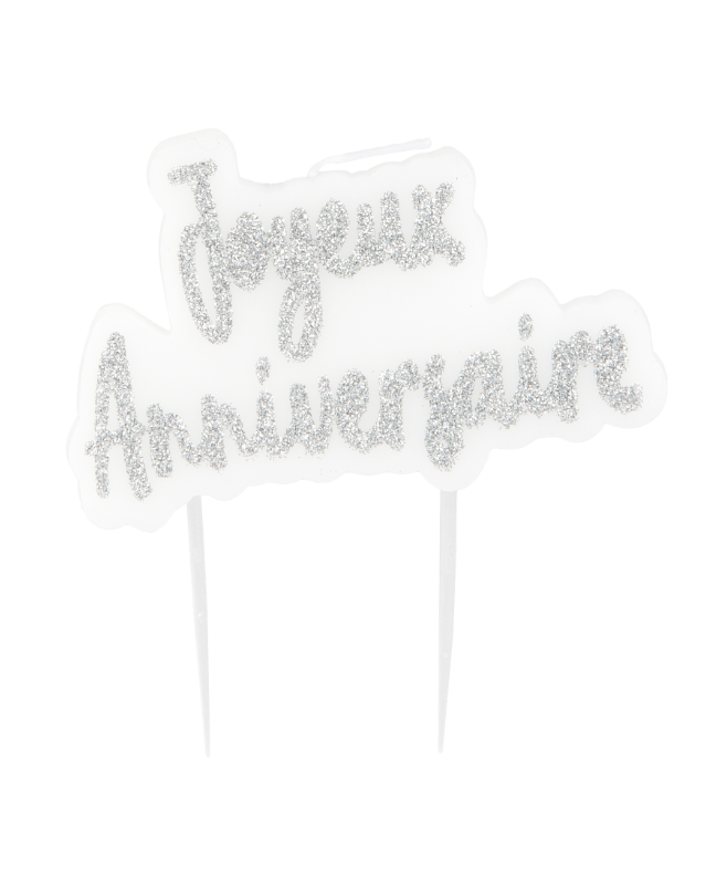 Bougie sur pique joyeux anniversaire argentée pailletée 8 x 5 cm