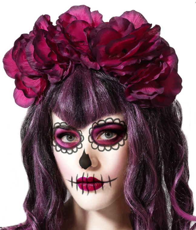 Serre-tête grosses fleurs roses Dia de los muertos femme