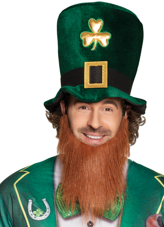 Chapeau haut de forme trèfle doré adulte avec barbe Saint Patrick