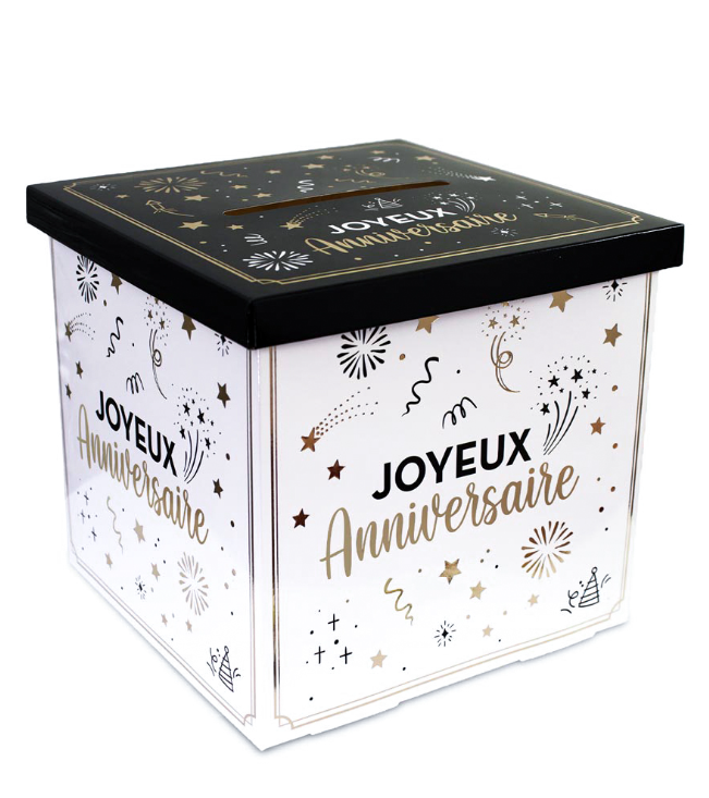 Urne en carton joyeux anniversaire blanche, doré et noir