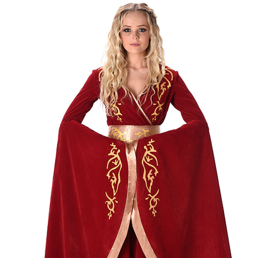 Déguisement reine médiévale rouge et or femme