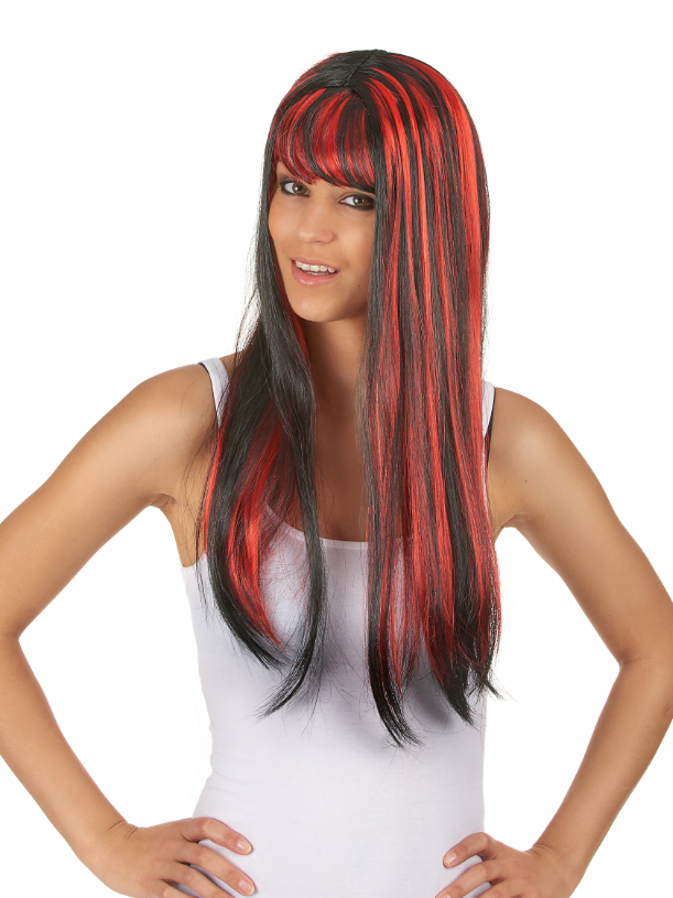 Perruque longue noire avec frange et balayage rouge femme