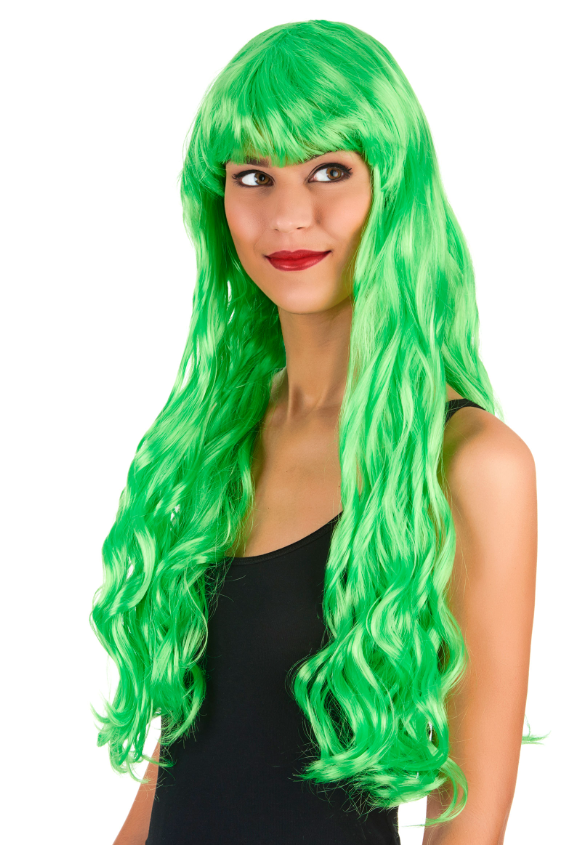 Perruque longue ondulée Vert fluo avec frange femme