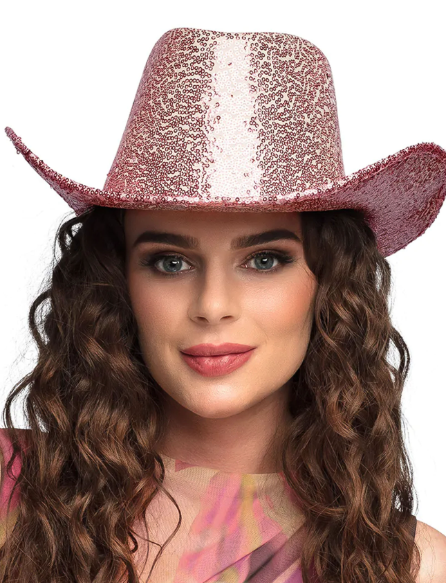 Chapeau de cowboy à sequins rose clair adulte